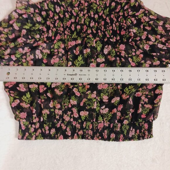 Olivaceous Medium Top, Floral, Ruffled, Smocked, Cottage Core, Boho, Blk/Grn/Pnk - Picture 11 of 15
